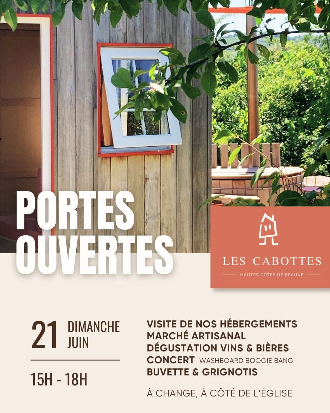 Il y a 6 ans, on ouvrait Les Cabottes en pleine pandémie, mettant au passage la belle inauguration que nous avions prévue sous le tapis. Alors avis à tous les curieux qui auraient envie de voir ce qui se cache derrière nos petites portes : on vous donne rendez-vous le dimanche 21 juin ! Vous pourrez ainsi découvrir cabanes, chambres & gîte, mais aussi rencontrer les artisans locaux avec lesquels on travaille depuis le début de l'aventure (le tout en musique, date oblige 🎶)
---
Six years ago, we opened Les Cabottes in the midst of the pandemic, putting our planned grand opening on hold. So, for all you curious folks who'd like to see what's behind our little doors: we'll see you on Sunday, June 21st! You'll be able to explore our tiny houses, rooms, and guest house, and also meet the local artisans we've worked with since the beginning of this adventure (all with music, as befits the occasion 🎶).